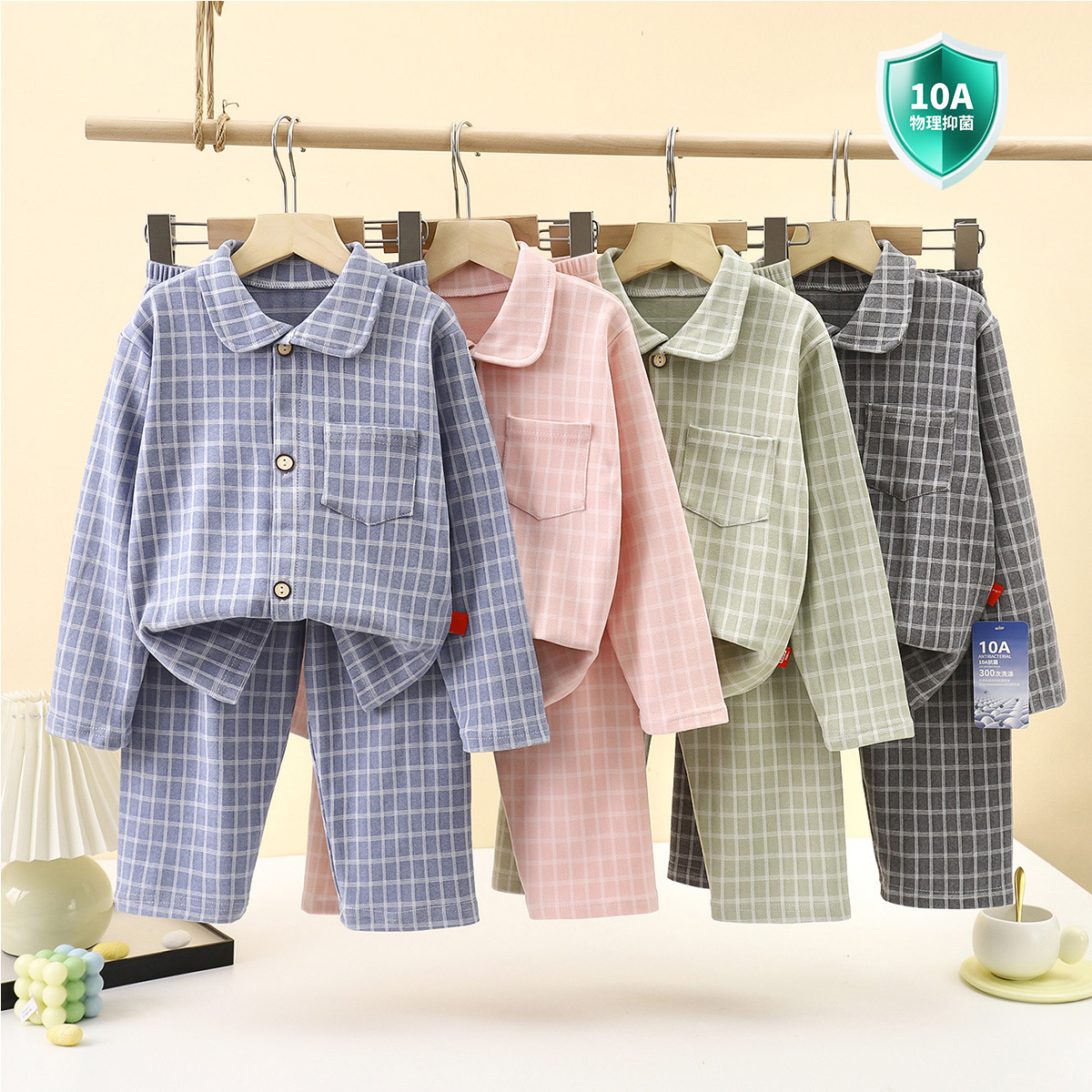 10A-Antibacterial Kidsren's Plaid Autumn and Winter German Velvet Pants Home Clothes for Boys and Girls Lapel Girls Long-Sleeved Suit