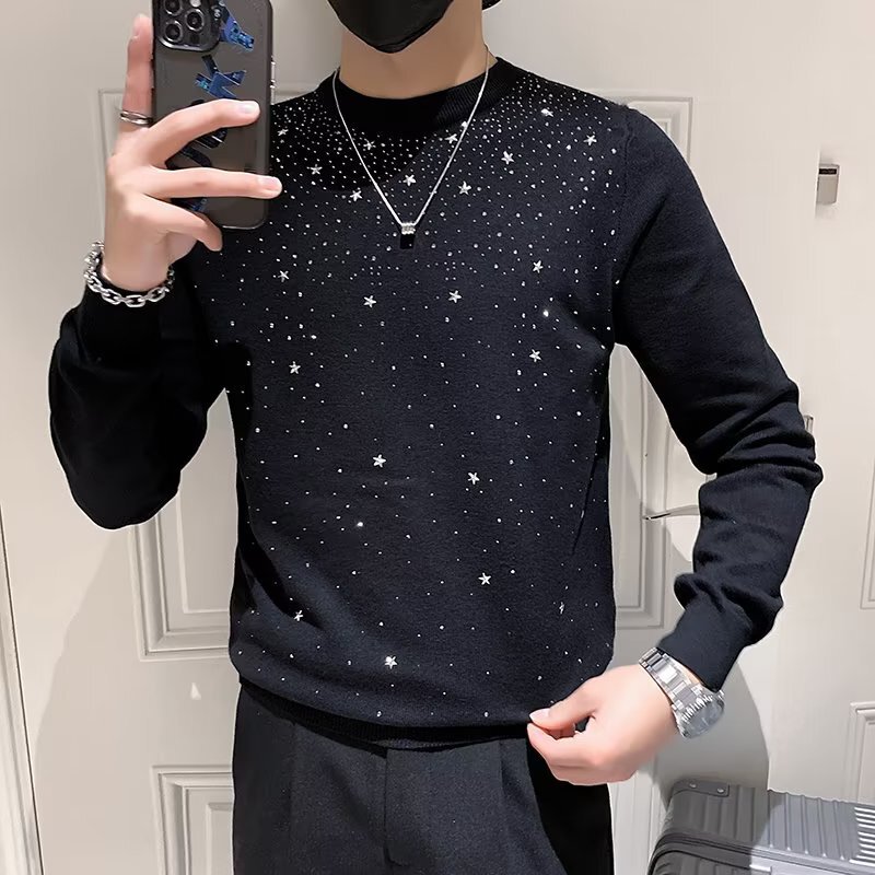 Autumn and winter New European fashion brand Starry hot rhinestone round neck pullover long sleeve sweater men's slim bottoming shirt Autumn and winter New European fashion brand Starry hot rhinestone round neck pullover long sleeve sweater men's slim bottoming shirt
