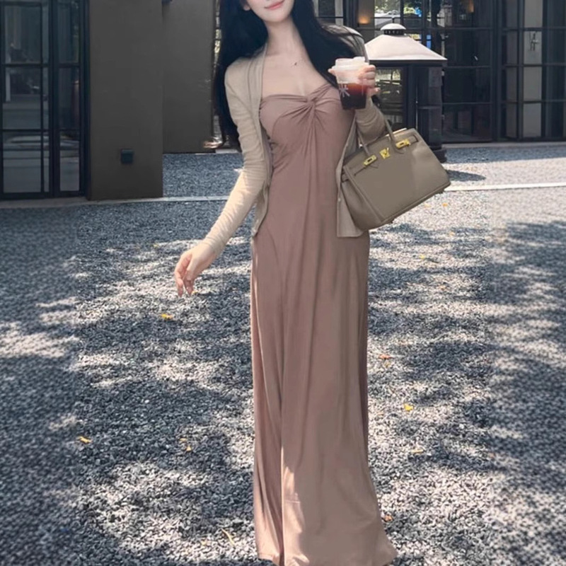 Gentle Wind Atmosphere Sense Slimming Strapless dress Women's Early Autumn Pure Desire Slim-fit Short Long-sleeved Cardigan Long Skirt suit