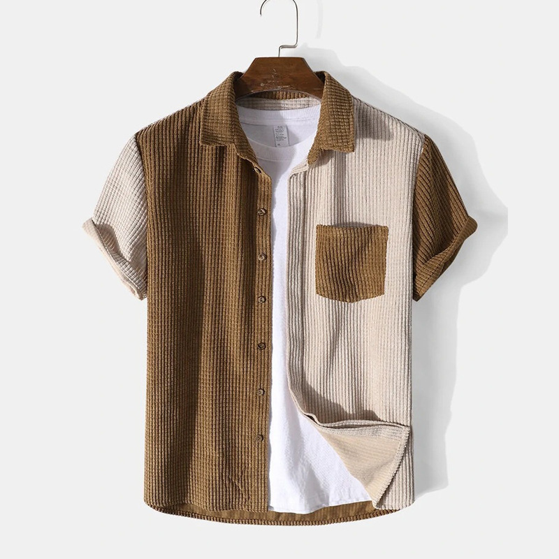 European And American 2025 Spring/Summer Men's Casual Loose Waffle Patchwork Corduroy Short Sleeve Shorts Two-Piece Set_voghion.com