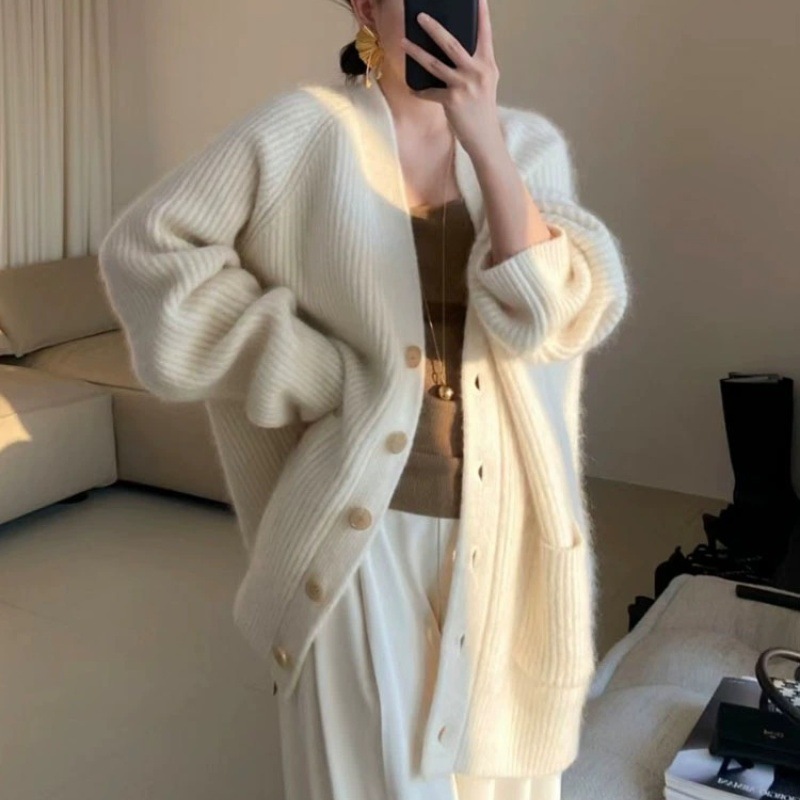 加厚羊毛开衫女中长款V领单排扣针织毛衣外套秋冬季宽松显瘦韩版