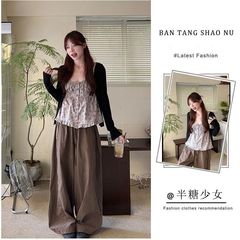 套装女2025秋季新款韩系辣妹防晒开衫碎花吊带上衣阔腿裤三件套潮