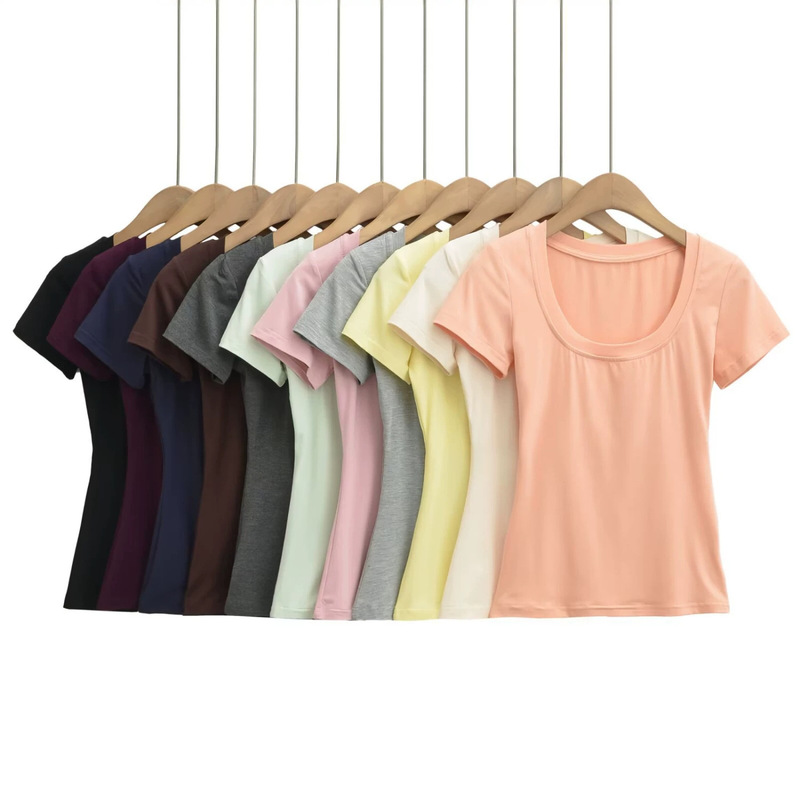 Sexy Hot Girl's Right-Shoulder U-Neck Short-Sleeved T-Shirt for Women in Summer, Slim-Fitting, Waist-Cinching, Short, Tight-Fitting Top for Outer Wear Sexy Hot Girl's Right-Shoulder U-Neck Short-Sleeved T-Shirt for Women in Summer, Slim-Fitting, Waist-Cinching, Short, Tight-Fitting Top for Outer Wear