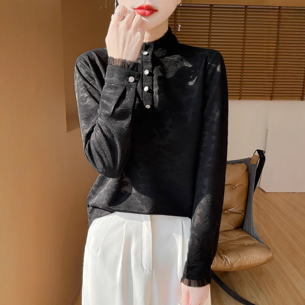 Half turtleneck lace worsted wool bottoming shirt for women