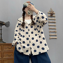双层麻棉外套 2025秋季新款 减龄开衫百搭连帽波点印花上衣女8930