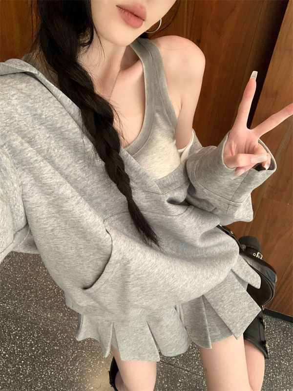 韩系慵懒松弛感v领连帽卫衣女春秋薄款宽松oversize简约长袖上衣|undefined