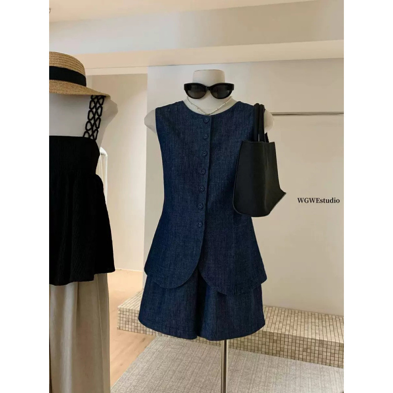 Old Money Style Vest Suit Set: Loose Vest, Denim Shirt, Wide-Leg Shorts, Summer Outfit Old Money Style Vest Suit Set: Loose Vest, Denim Shirt, Wide-Leg Shorts, Summer Outfit