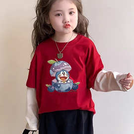 春秋季女童长袖T恤上衣新仿刺绣款洋气儿童中小童撞色秋衣假两件