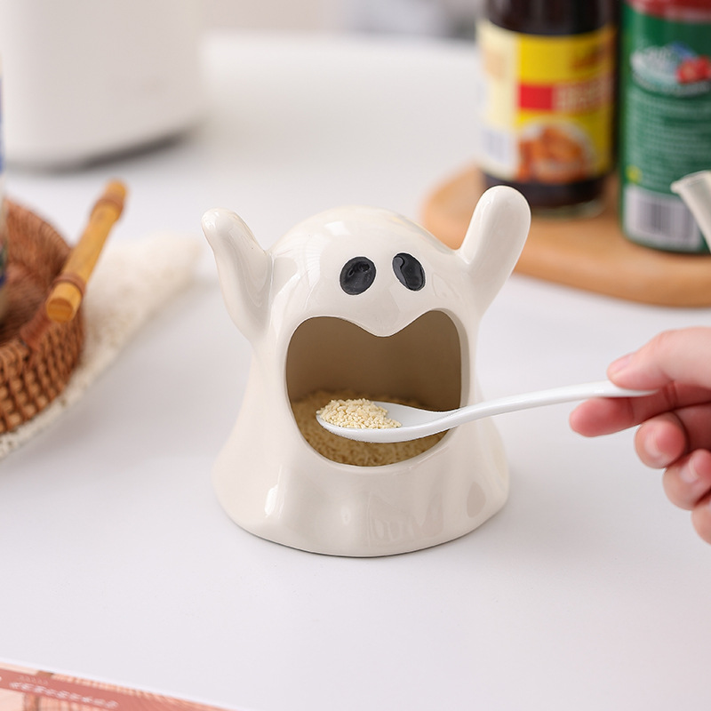 Halloween Cute Ghost Ghost Seasoning Jar Salt Jar Ceramic Kitchen Lard Jar High Temperature Resistant Seasoning Chili Oil Sugar Jar