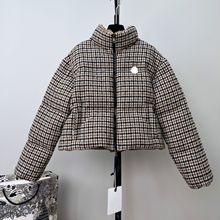 格子拼接羊毛立领短款羽绒服南油高端女装90白鸭绒粗花呢夹绒外套