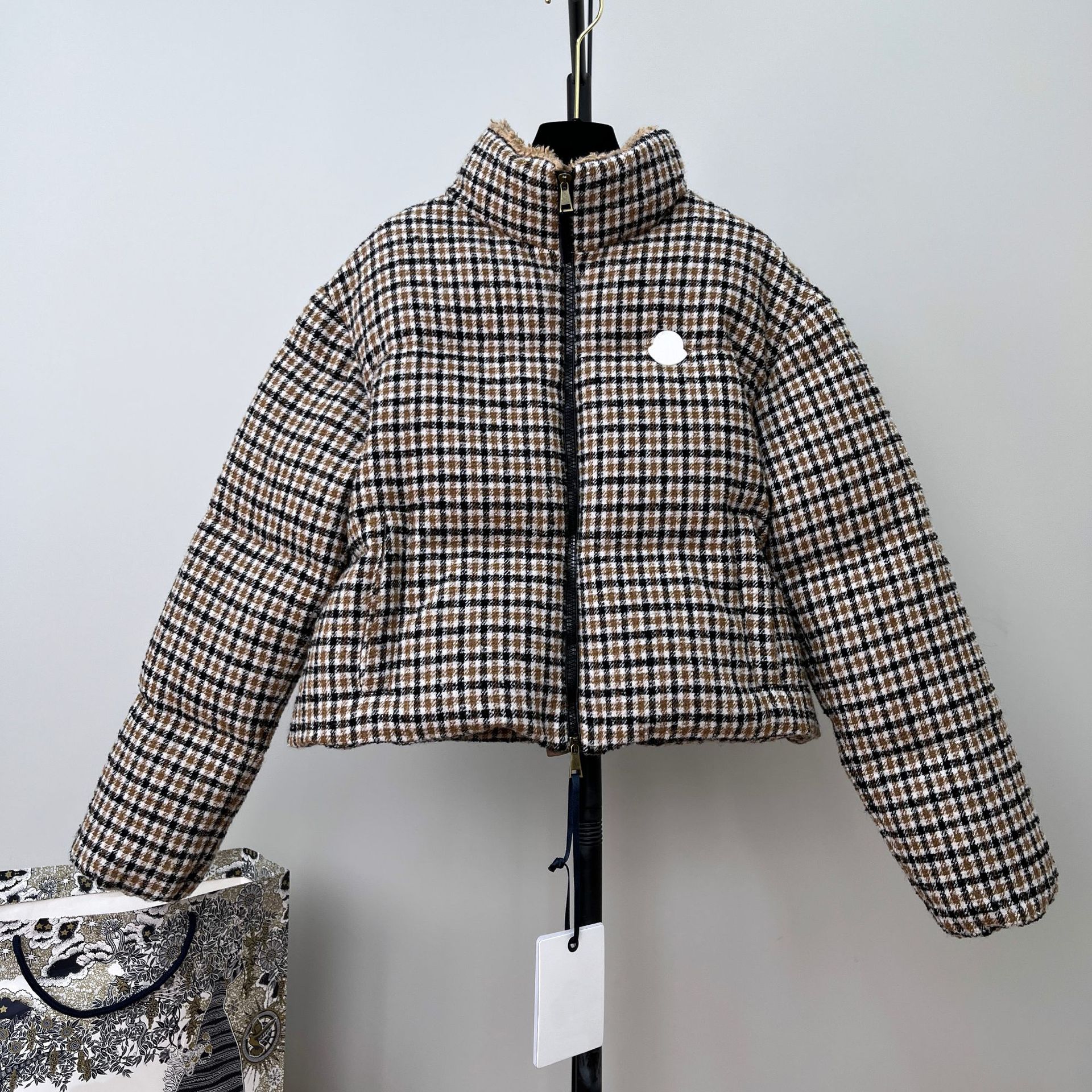 格子拼接羊毛立领短款羽绒服南油高端女装90白鸭绒粗花呢夹绒外套