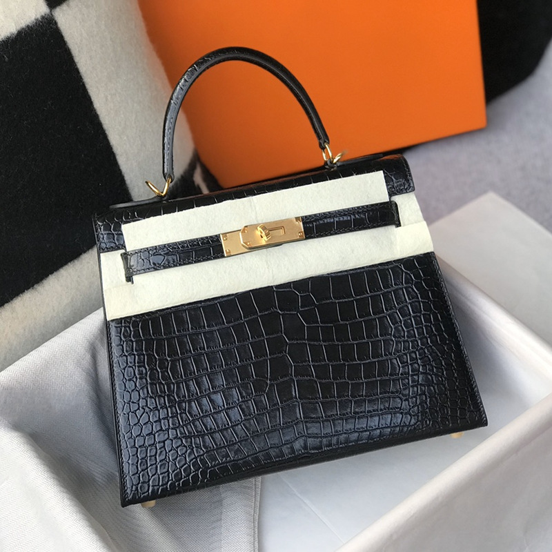 High-end Quality Crocodile Pattern Kelly Bag Platinum Bag Fashionable Genuine Leather Shoulder Hand Crossbody Bag Vintage Small Square Bag