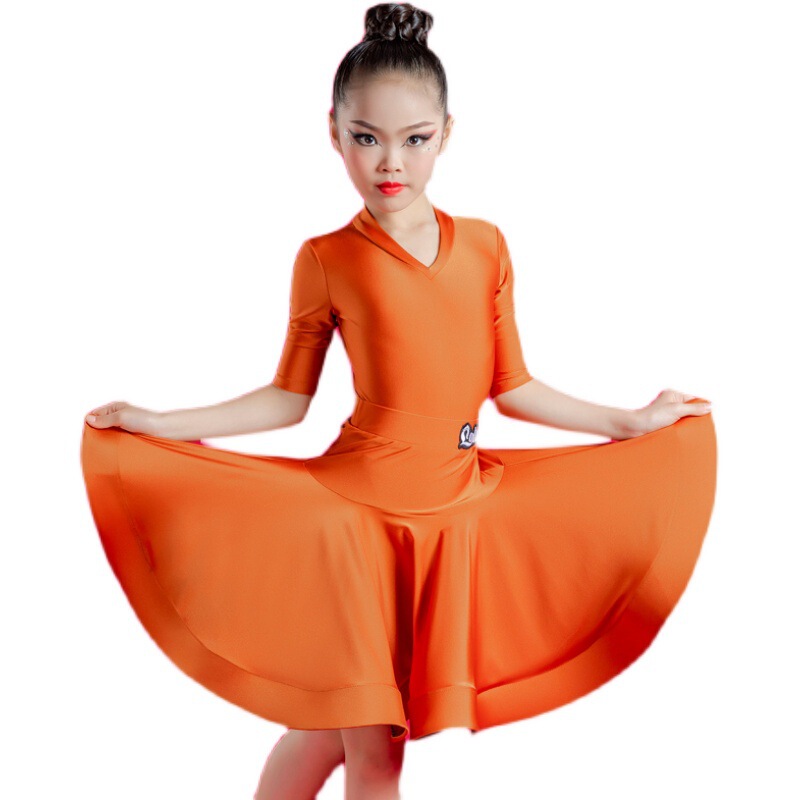 Girls purple orange yellow blue Latin Dance Dresses half  sleeves children Latin ballroom salsa dance uniform provisions under big skirt suit girls 