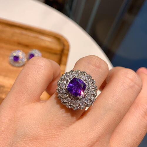 Zhuang Shengsheng Jewelry European and American Retro Imitation Dove Purple Blue Zircon Square Luxury Inlaid Pendant Earring Ring Jewelry Set 
