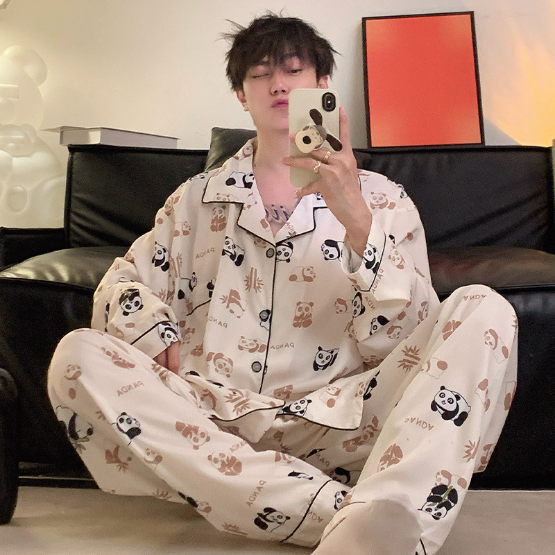 Plus-Size Men's Pajamas, Ice Silk Long-Sleeve, Autumn Style, 165kg Extra-Large, Loose Fit, Wearable 150kg