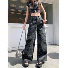 复古迷彩工装裤女装2026年夏季美式高腰阔腿裤遮肉显瘦休闲牛仔裤