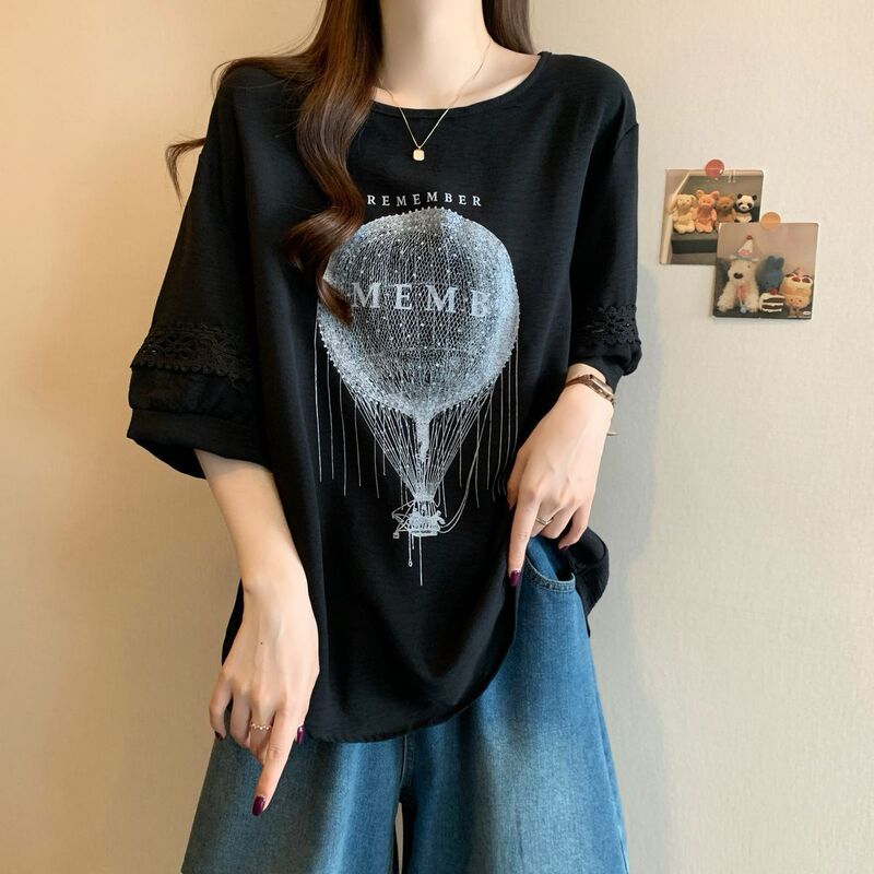 Plus-Size Lace-Trimmed Printed Short-Sleeve T-Shirt for Women, Summer 2026 New Style, Loose Fit for Chubby Women, Slimming and Body-Covering Top Plus-Size Lace-Trimmed Printed Short-Sleeve T-Shirt for Women, Summer 2026 New Style, Loose Fit for Chubby Women, Slimming and Body-Covering Top