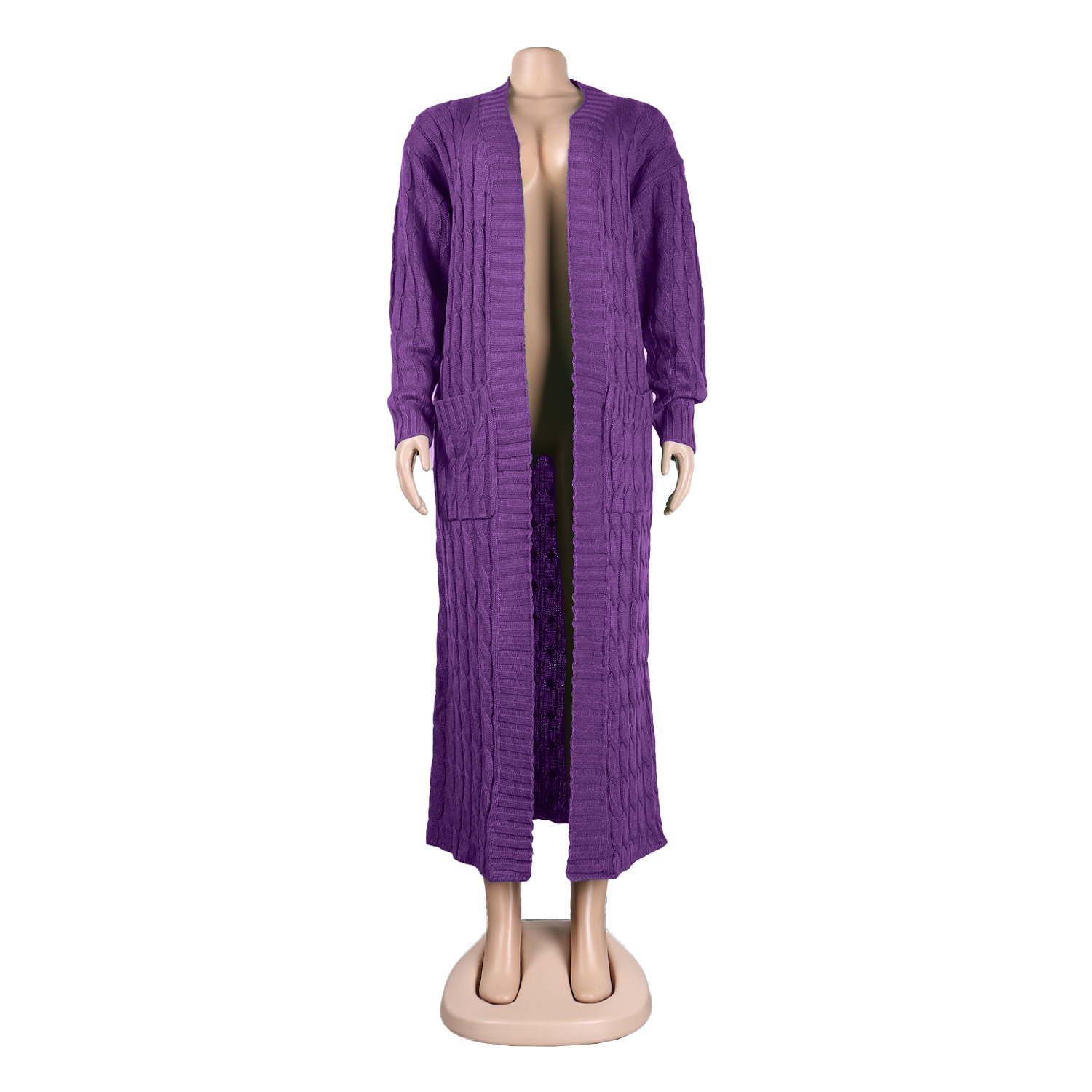Damen Strickjacke Lang Aus Grobstrick In Unifarben Wintermantel_voghion.com
