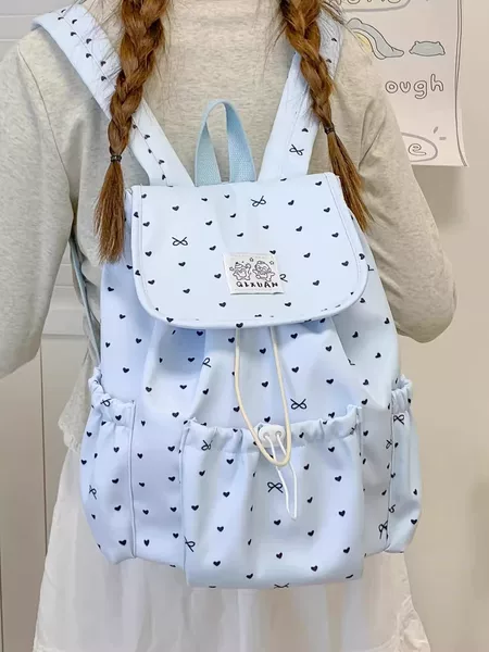 Bow-Knot Polka-Dot Drawstring Backpack for Women, College Style, Commuter School Bag, Niche Casual Travel Backpack