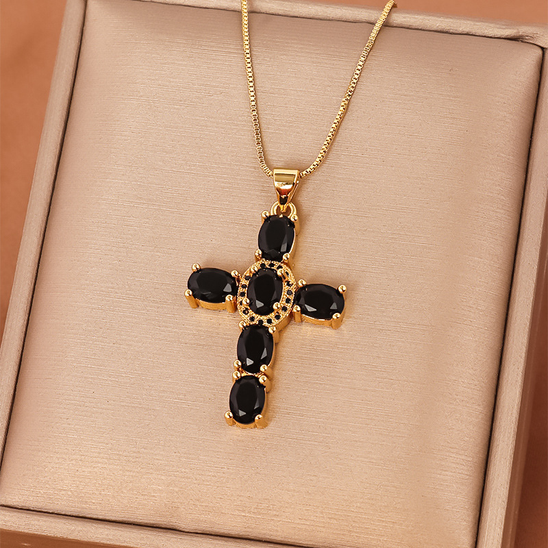 Casual Streetwear Cross Copper Inlay Zircon Pendant Necklace display picture 5