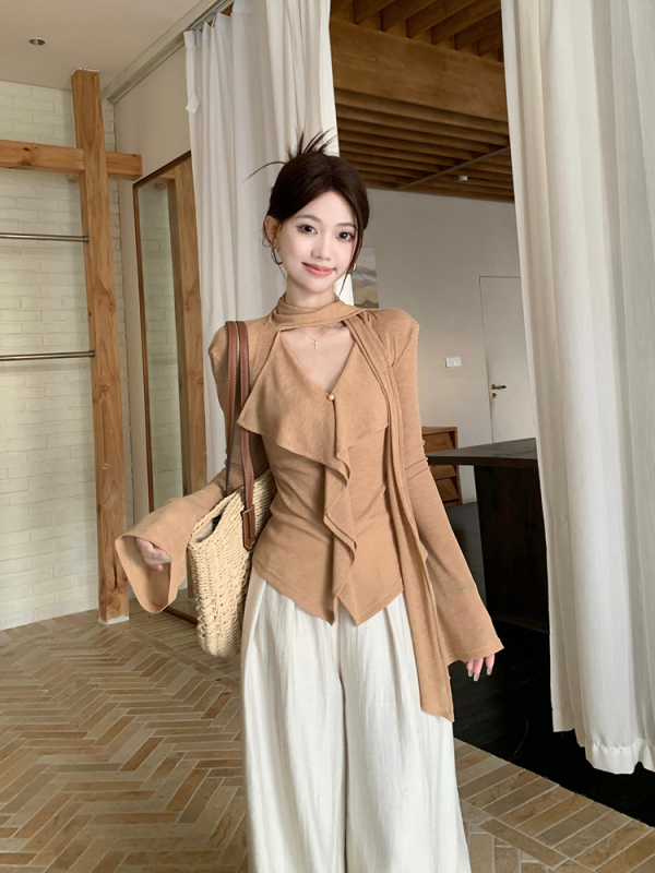 松弛系设计感飘带V领长袖T恤女2025秋季新款修身显瘦小众chic上衣|undefined
