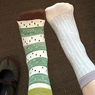 复古文艺立体感浮雕条纹撞色中筒袜子女韩系百搭无骨多巴胺堆堆袜