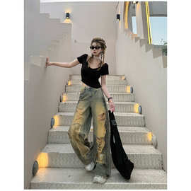 美式复古高腰显瘦水泥黄破洞阔腿牛仔裤女潮牌气质洋气直筒裤长裤