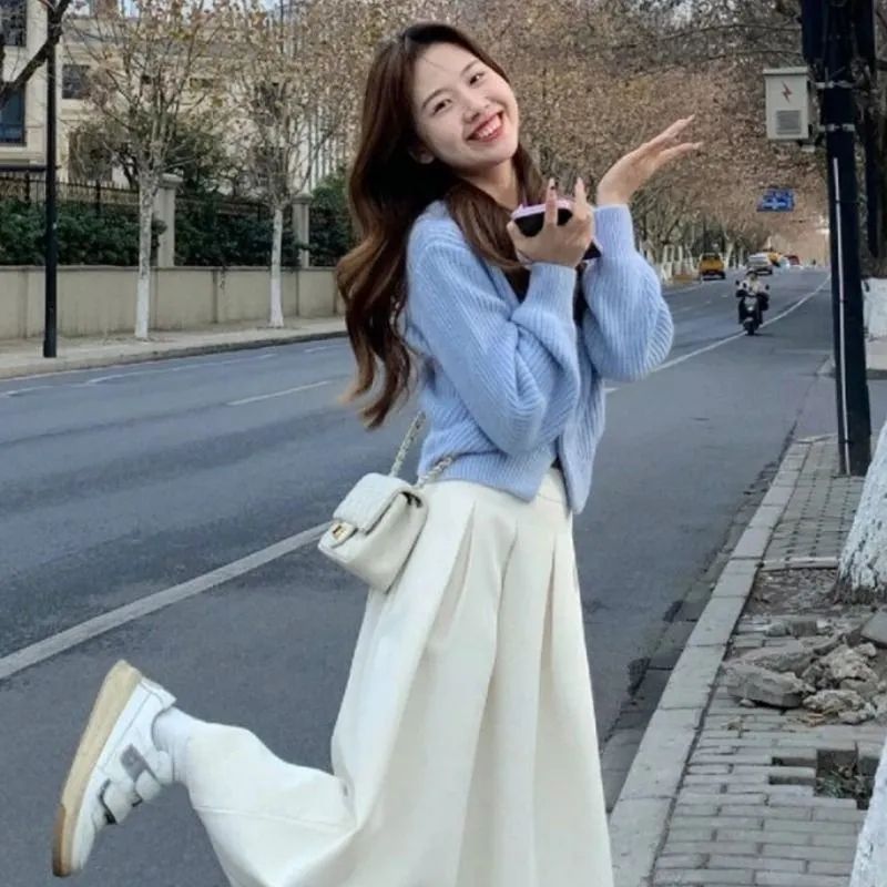 入秋温柔系穿搭配一整套2025韩系小个子毛衣针织开衫半身裙套装女