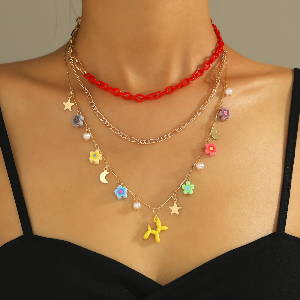 new fashion soft pottery flower necklace personality stitching color chain multilayer necklacepicture5