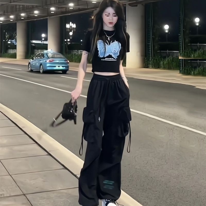 甜酷风炸街一整套时尚穿搭夏新款绣花短袖工装裤跳舞两件套女