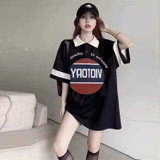 polo衫女短袖美式复古大码宽松中长款下身失踪翻领上衣潮WX2466