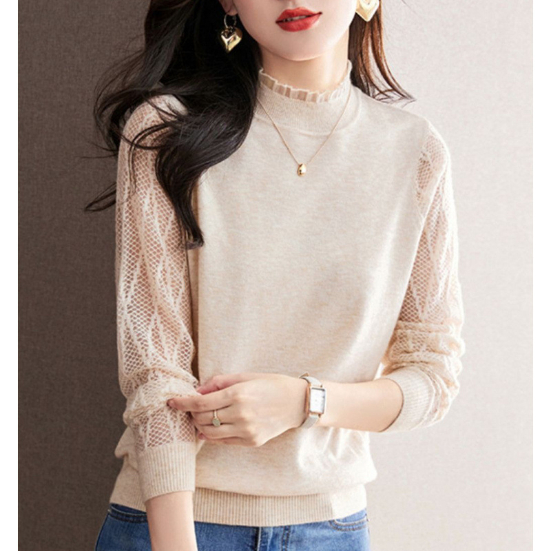 Half-high Collar Lace Base Shirt Women's Spring 2024 New Inner Top Knitted Shirt Black Sweater Spring