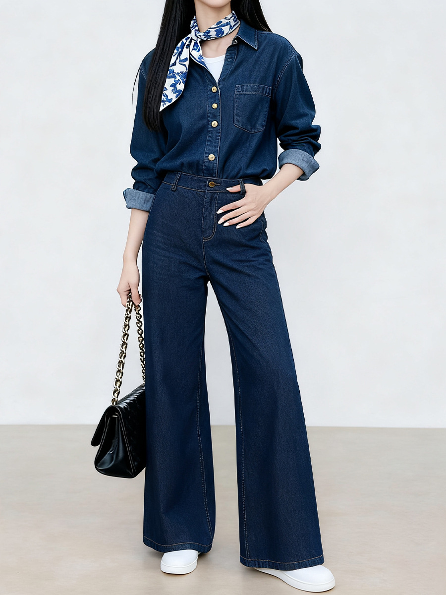 Quần jean ống rộng Xinge denim xanh chống phai màu, lưng cao, dáng suông dài đến sàn — màu xanh denim