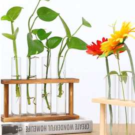 实木水培花瓶试管水养绿植插花植物容器木质花架摆件台面装饰玻璃