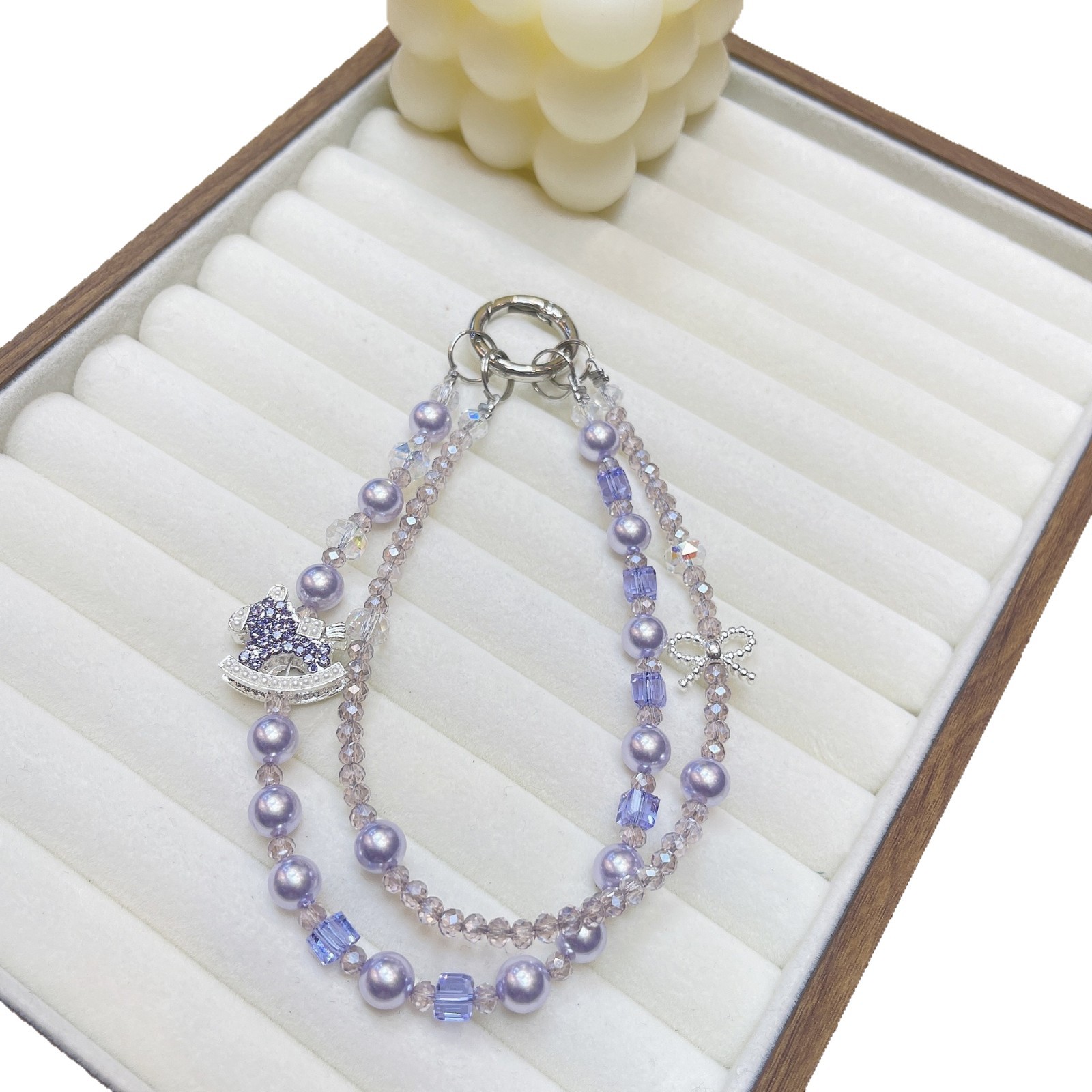 Ins viento hecho a mano perla de doble cadena para teléfono móvil cordón creativo pedrería troyano colgante muñeca cristal de una pieza