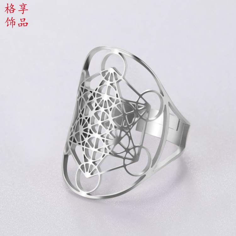 Europeo y americano popular joyería retro pulsera de acero inoxidable hueco de seis lados Awn estrella círculo oval anillo abierto