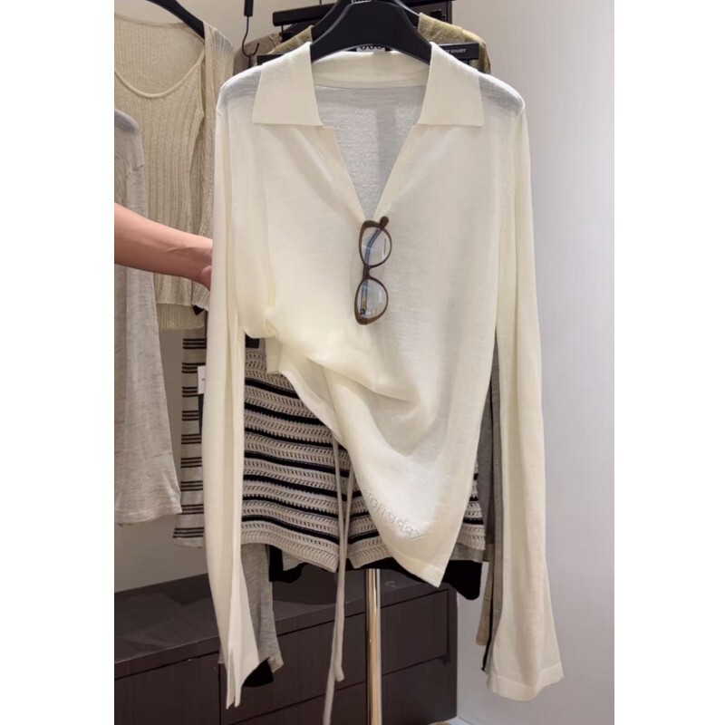 Polo Lapel Knitwear Thin Sun Protection Shirt Top + Striped Knit Shorts Hot Pants Casual Fashion Set for Women Polo Lapel Knitwear Thin Sun Protection Shirt Top + Striped Knit Shorts Hot Pants Casual Fashion Set for Women
