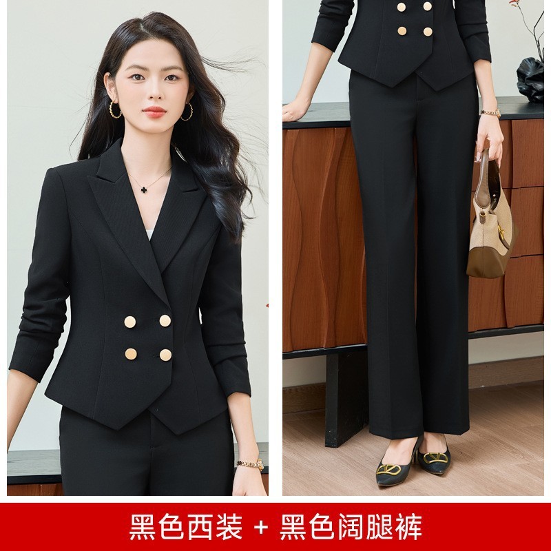 时尚双排扣西服职业套装两件套裤秋冬季短小西装外套女主持人正装|undefined