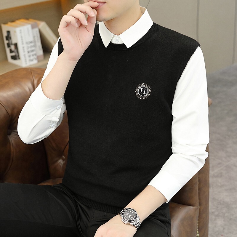Spring and autumn season, men's two-piece sweater set, Korean-style trendy inner layer, knitted base shirt, solid color with a collar Spring and autumn season, men's two-piece sweater set, Korean-style trendy inner layer, knitted base shirt, solid color with a collar