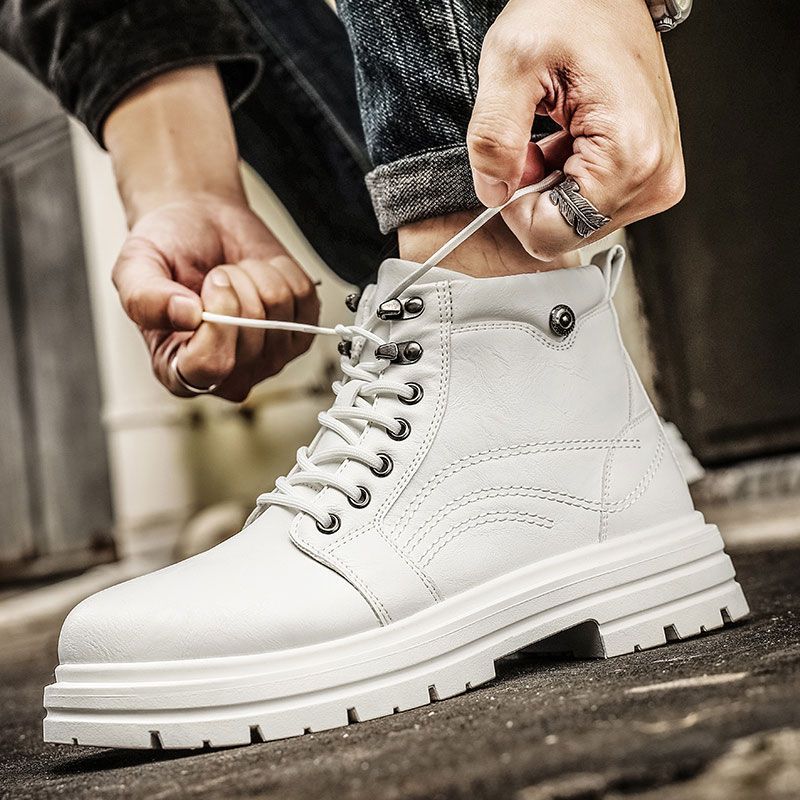 White Height-Increasing Martin Boots for Men, High-Top 2025 Autumn New Mid-Calf Thick-Soled Short Boots, Men's Workwear