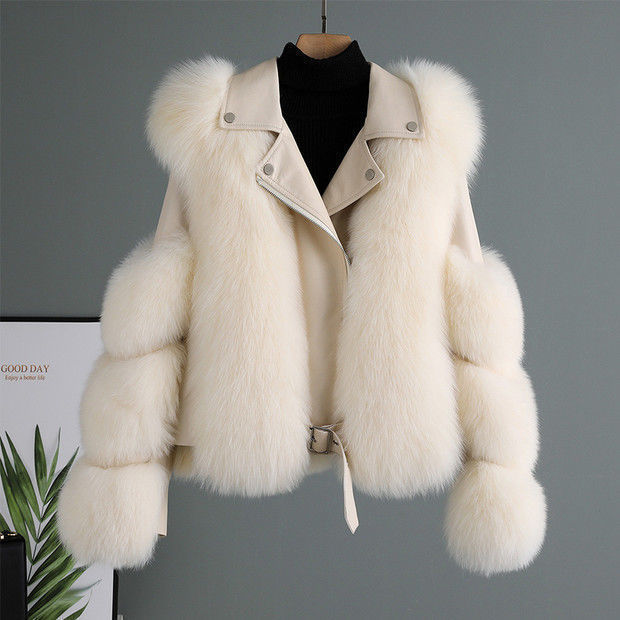 Wholesale Women's Clothing Haining Fur Women's 2024 New Imitation Fox Fur Motorcycle Jacket Autumn and Winter Young Style Coat