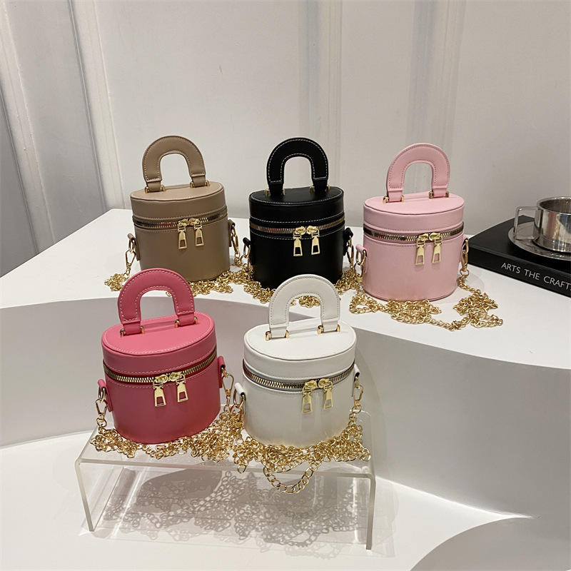 2025 Korean Version Double Zipper Mini Chain Fashion Personality Simple Artistic Handbag Shoulder Crossbody Cylindrical Women's Bag