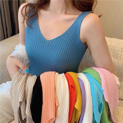 Women's outerwear summer Internet celebrity beautiful back v-neck suit with bottoming knitted sleeveless T-shirt and small vest top trendy