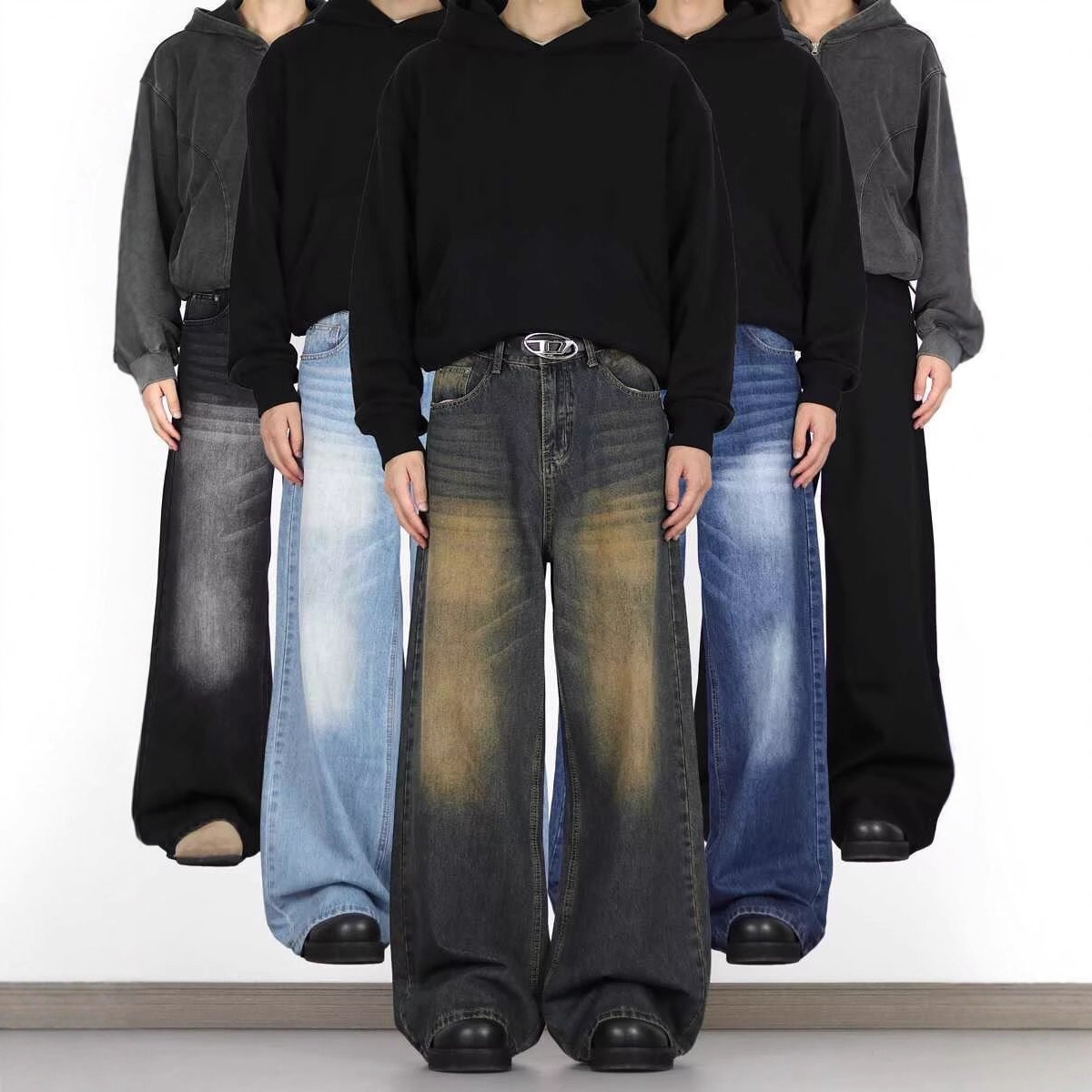 外贸美式复古做旧磨破牛仔裤男春秋小众设计感阔腿裤显瘦拖地裤子