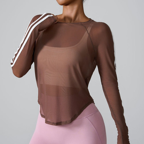 Amazon 2024 Cross-border New Sport Tank Top Striped Net Fabric Quick-drying Long Sleeve Slim Fit Breathable Fitness Tank Top for Women