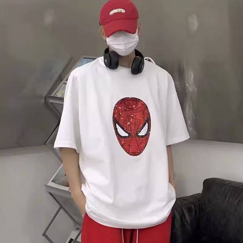 Spring and Summer 2024 Iron Man Round Neck Bead Short-sleeved T-shirt Spider-man Face-changing Unisex Top Loose Trendy Brand Spring and Summer 2024 Iron Man Round Neck Bead Short-sleeved T-shirt Spider-man Face-changing Unisex Top Loose Trendy Brand