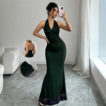 2025新品热销跨境亚马逊长款露背网纱套头V领女装连衣裙礼服新款