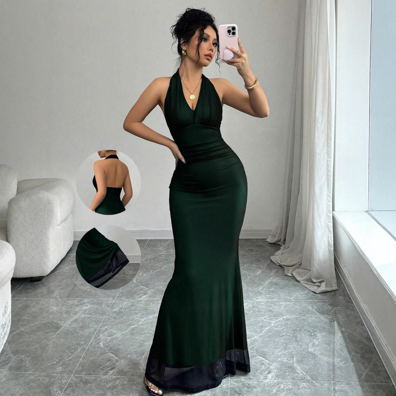 2026 New Hot-Selling Cross-Border Amazon Long Backless Mesh Pullover V-Neck Women's Dress New Model