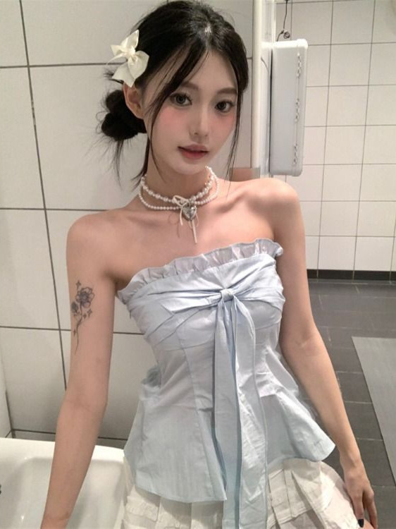 设计感木耳边系带抹胸背心女装夏季小众减龄收腰显瘦无袖纯欲上衣|undefined