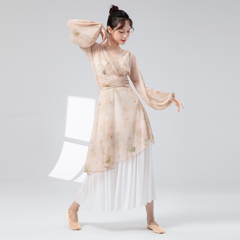 古典舞练功服女新款网纱连衣裙前开叉系带中国风舞蹈日常演出服装|undefined